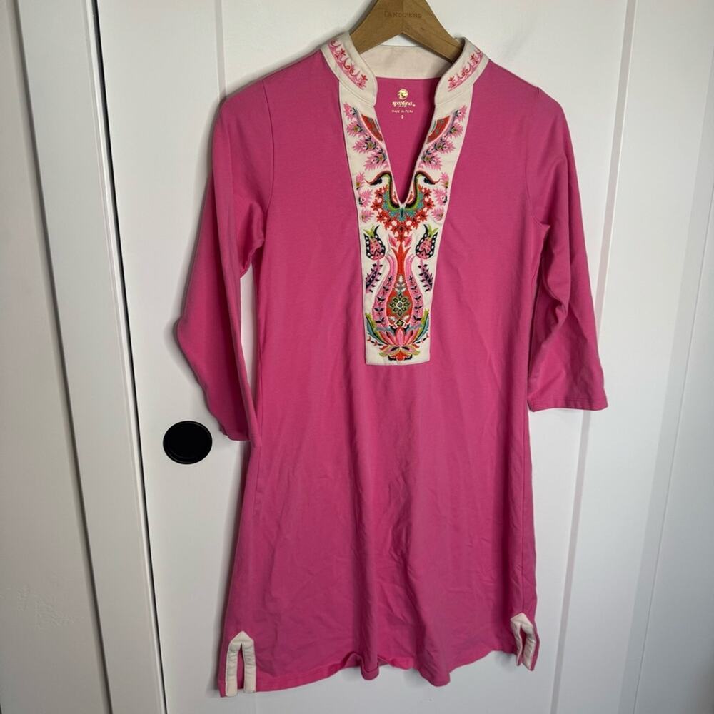 Spartina 449 Monica Pink Embroidered Bird Tropical Mini Long Sleeve Dress Small